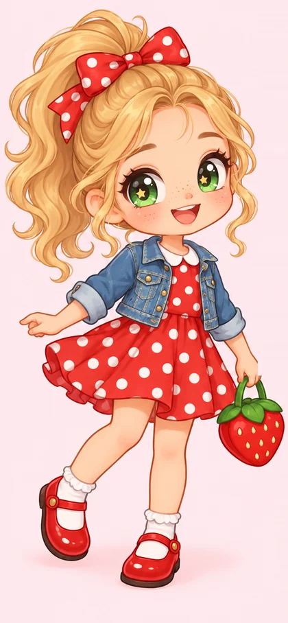 Kibbi, a smiling girl with a blonde ponytail, red polka dot bow and dress, denim jacket and strawberry bag